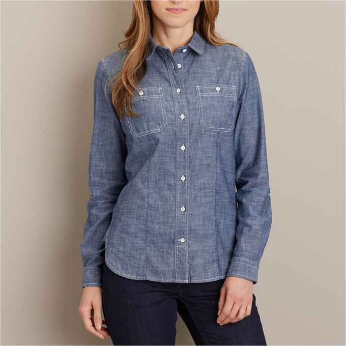 Front View Women's Free Range Organic Chambray Long Sleeve Shirt