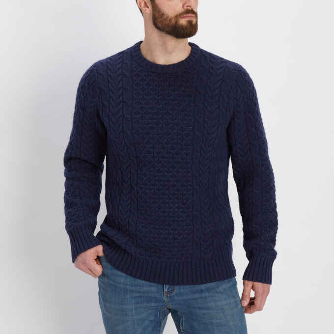 Front View Men's Shetland Wool Cable Sweater