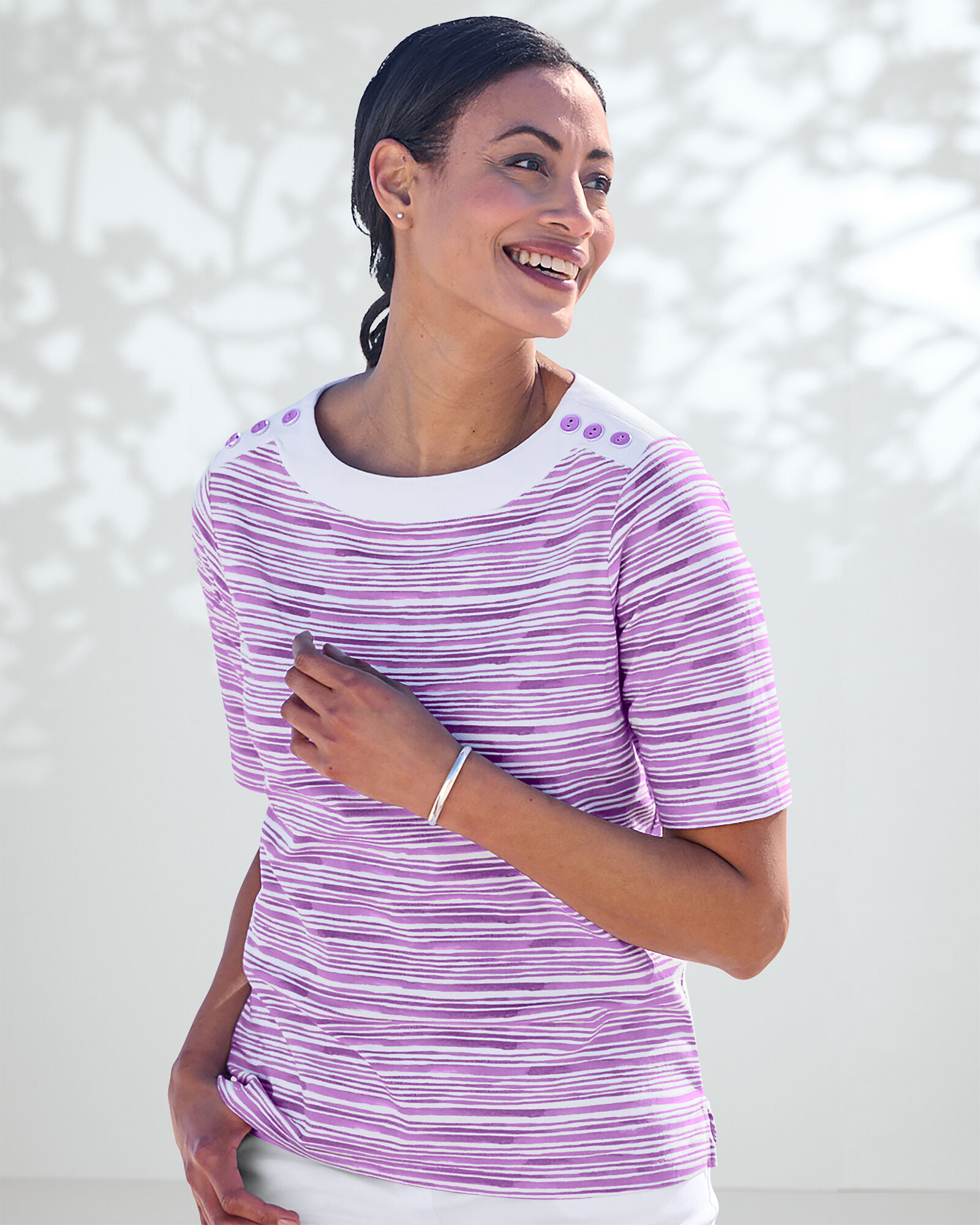 【本日特価】 Brushstroke Cotton Prima™ Stripe Tee Bateau Button-Trim カットソー(長袖/七分)