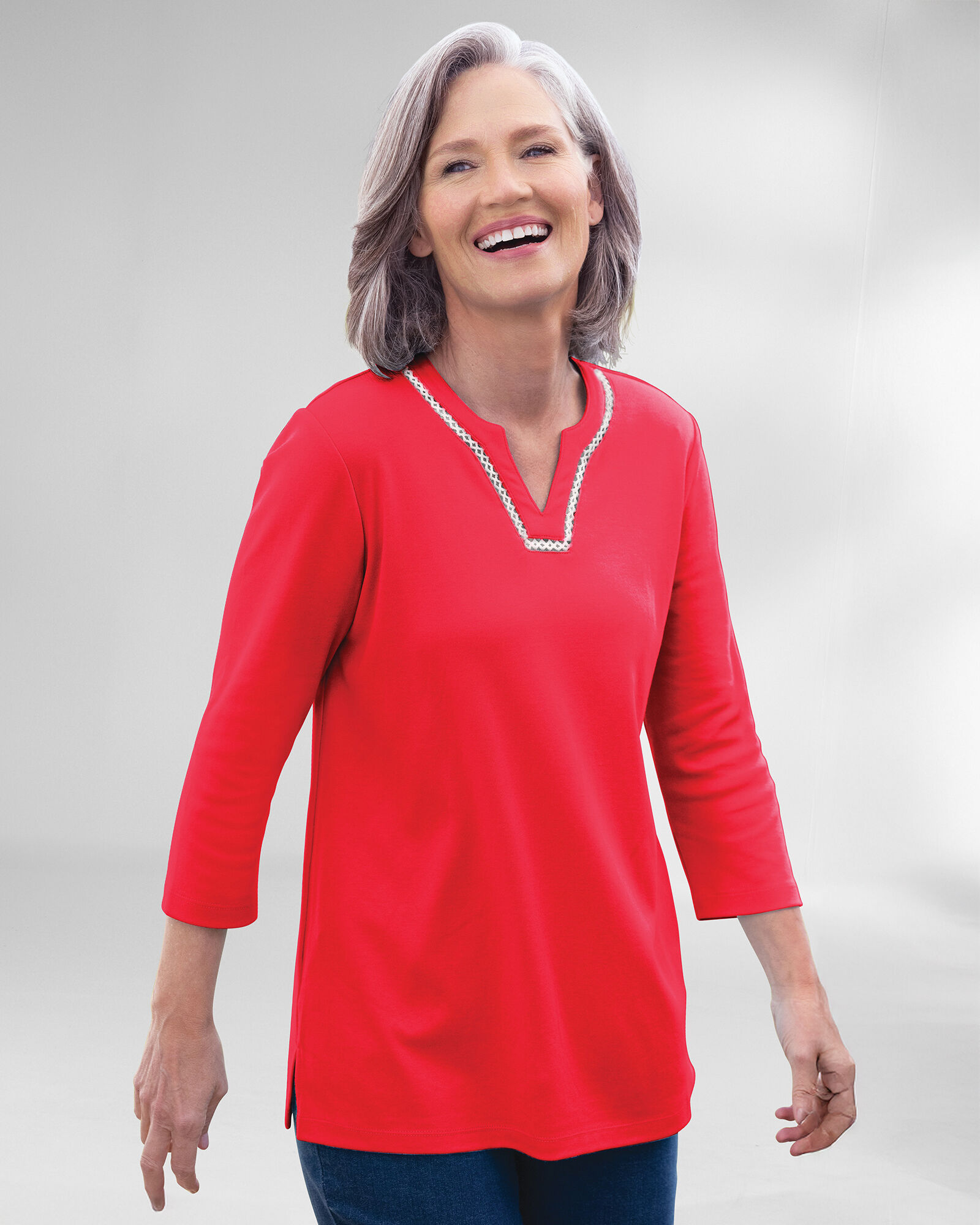 Lace-Edged Notch-Neck Tunic Lace-Edged Notch-Neck Tunic