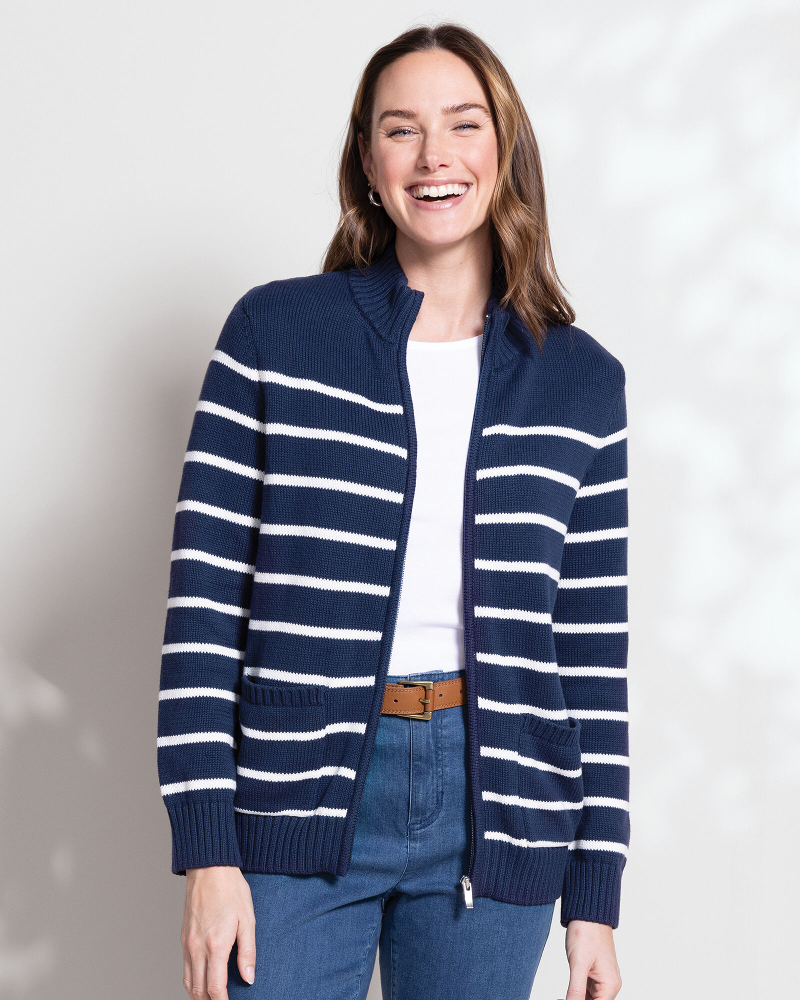 Bayside Cotton Striped Patch-Pocket Zip Cardigan | Appleseed's